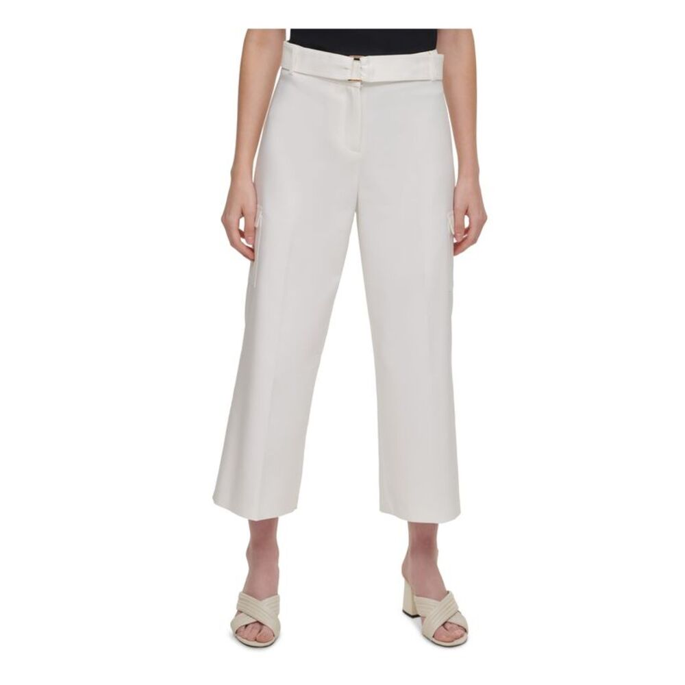 CALVIN KLEIN Womens White Cropped D-ring Belt Wear To Work Wide Leg Pants 10